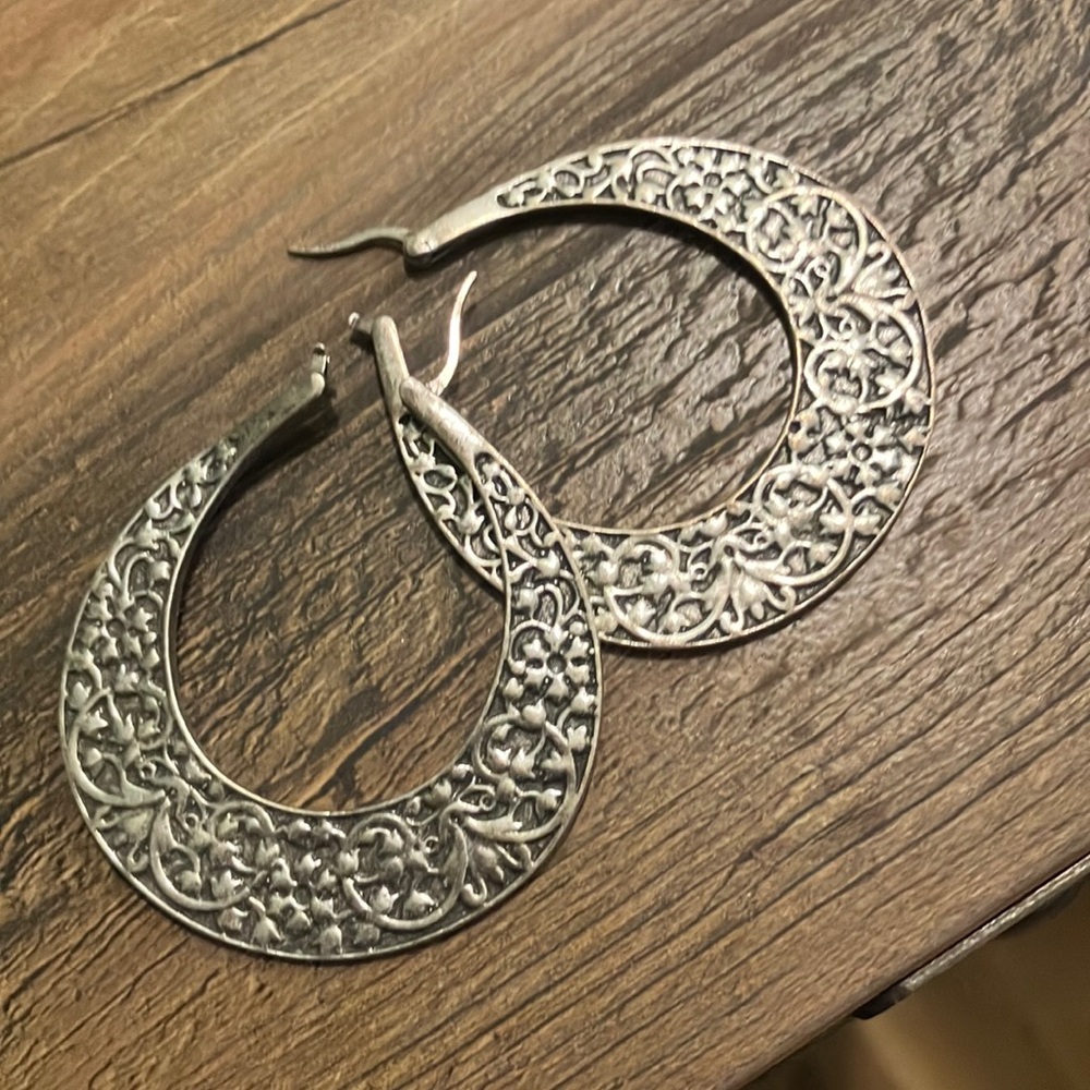 Etched Silver tone Hoop Earrings